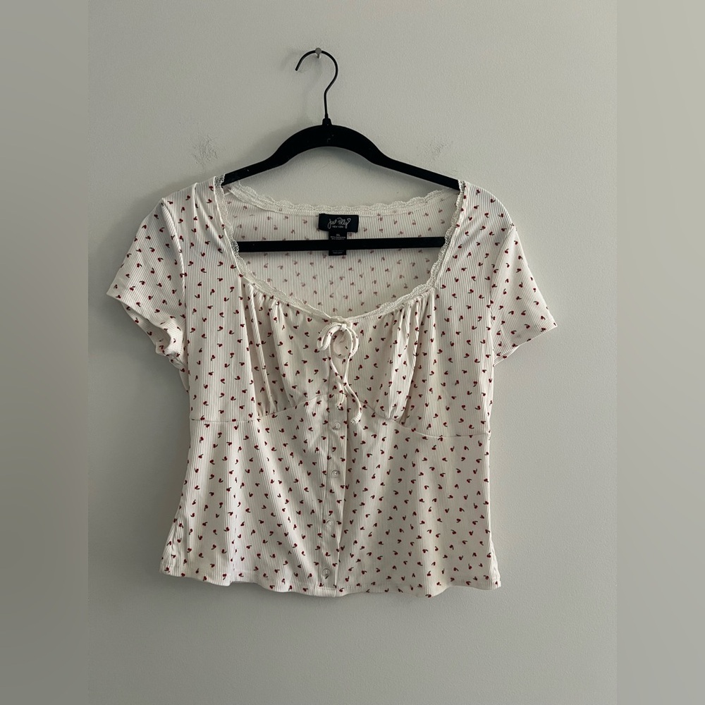 Just Polly NY Cherry Print Ribbed Lace Trim Tie Front Top XL